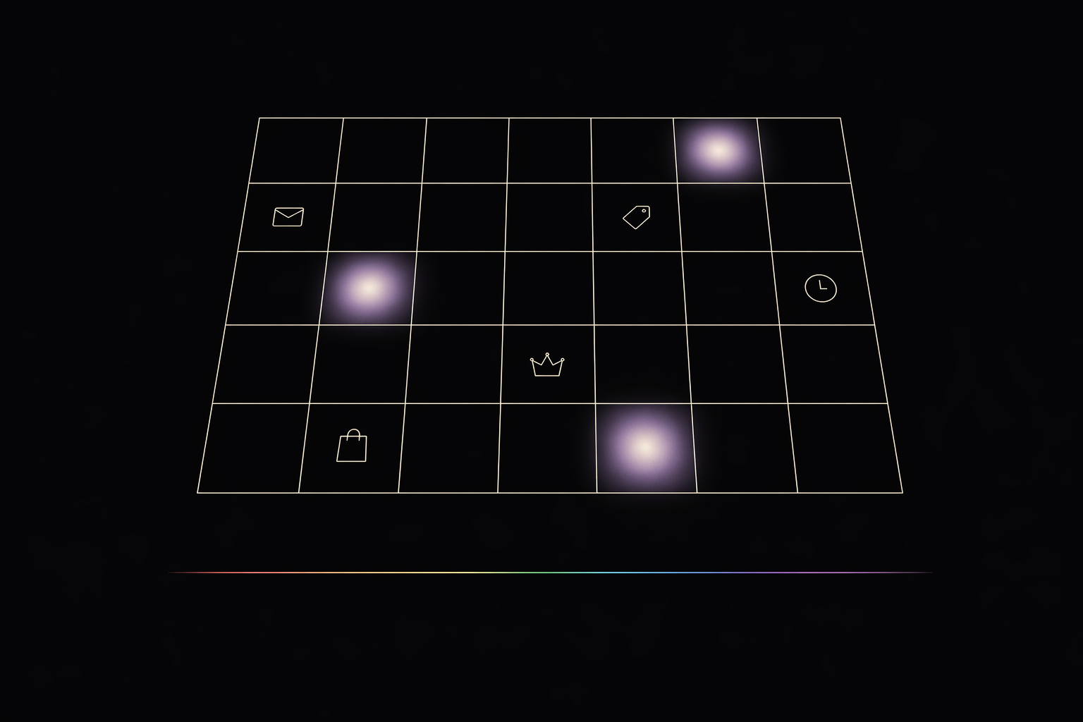 Minimal monthly calendar grid in cream line art with a single cell highlighted by a soft purple glow