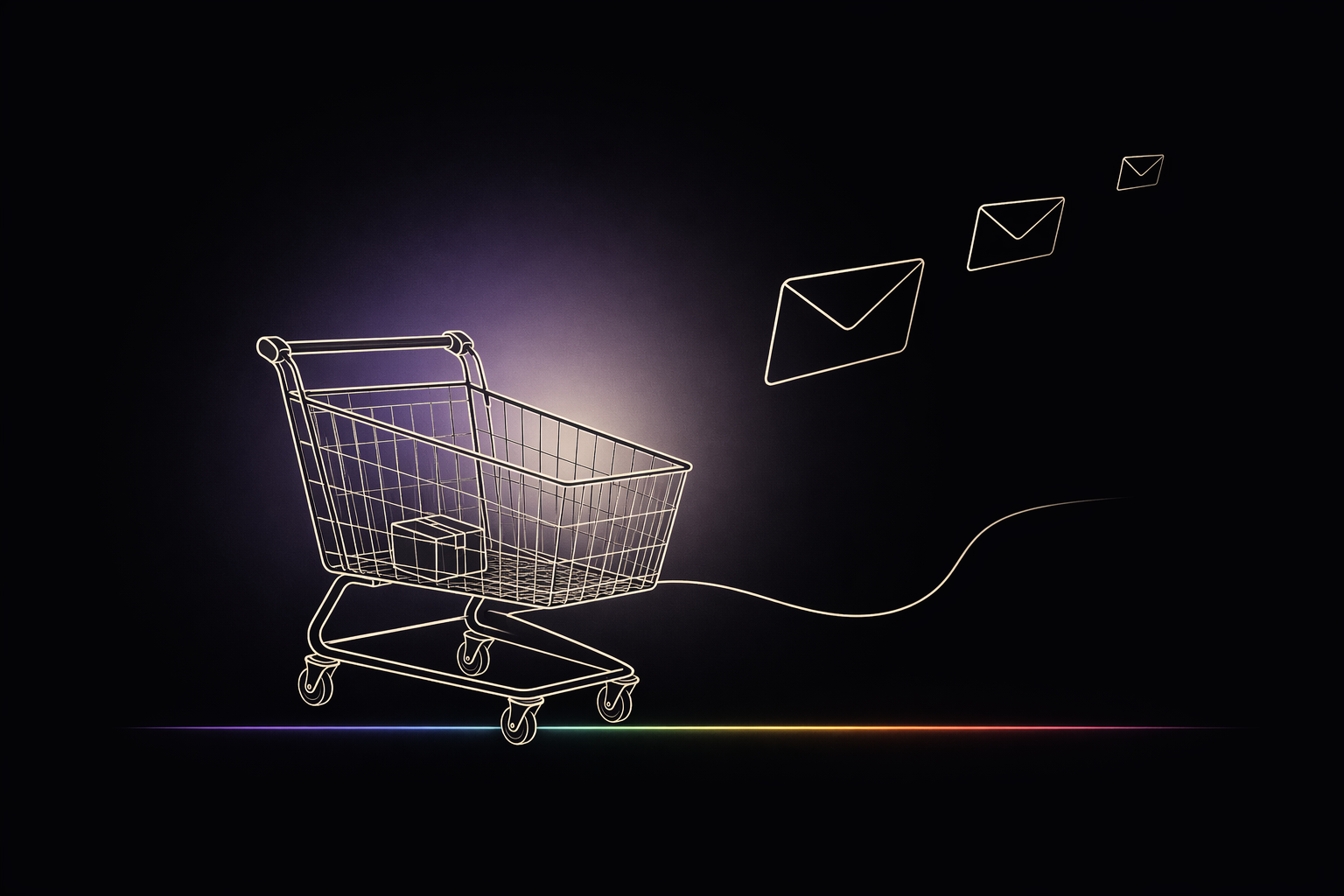 Editorial line-art envelope with a shopping cart symbol, signaling an abandoned cart email flow