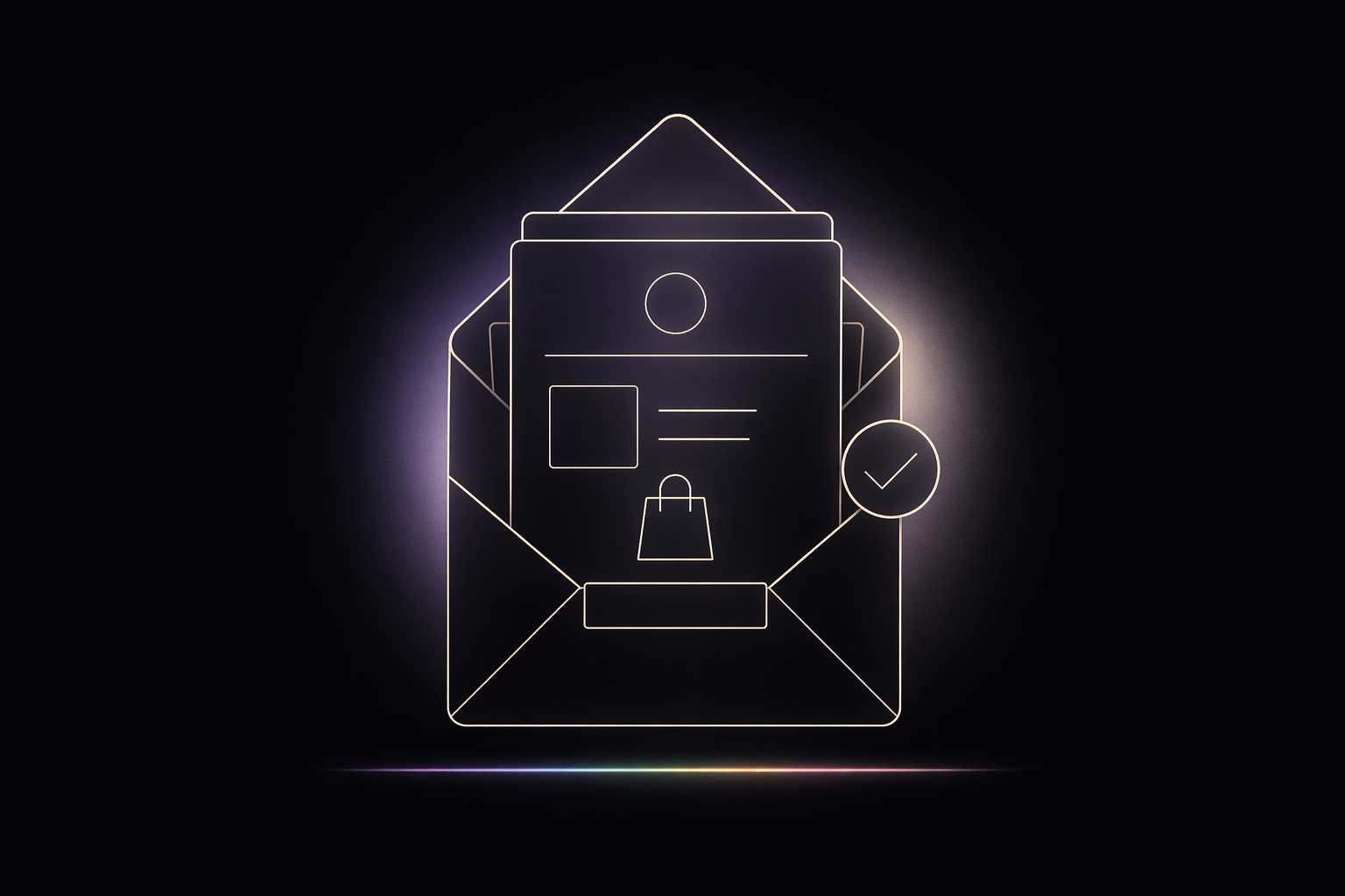 Stylized branded Shopify order confirmation email rendered in cream line art on a black background